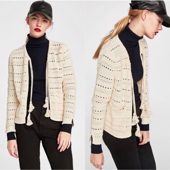 Zara Sweaters - Zara Knit Tassel Crochet Black Cardigan Sz- M